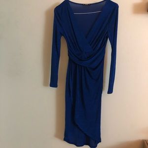Plunging Neck Wrap Split Front Blue Dress